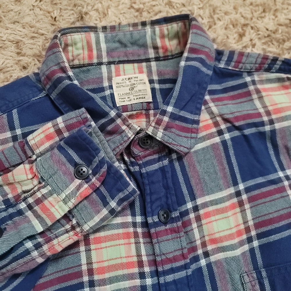 J.Crew Flannel Shirt Mens Large Blue Red Plaid Slim Fit Cotton‎ Long Sleeve